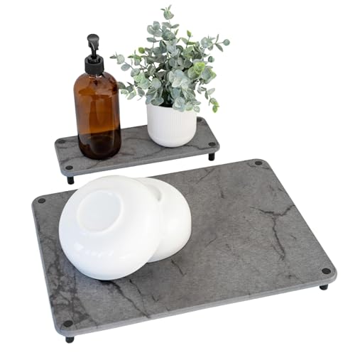 Stone Drying Mat for Kitchen Counter w/ Stone Drying Tray - 15.7" x 11.8" Quick Dry Stone Dish Drying Mat w/ 8 Screw Legs - Diatomaceous Water Absorbing Stone Tray for Sink - Drying Stone for Kitchen