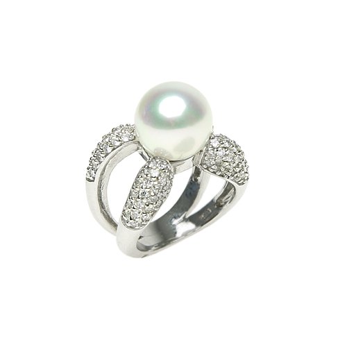 Willow Pearles White Voyageur Pearl Diamond CZ Pave X Sterling Silver Ring, 8
