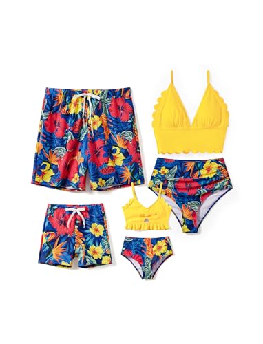 PATPAT Family Matching Solid Scallop Trim Strappy Two-Piece Swimsuit and Allover Floral Print Swim Trunks Shorts Women S