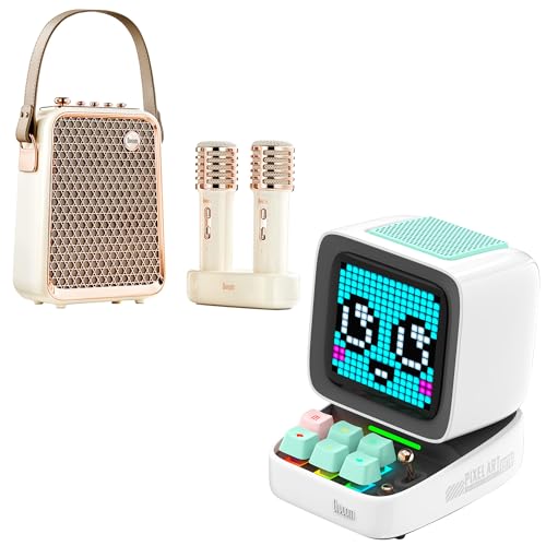 Divoom Ditoo Pixel Art Gaming Portable Bluetooth Speaker and Songbird-HQ2 Karaoke Machine with 2 Wireless Microphones