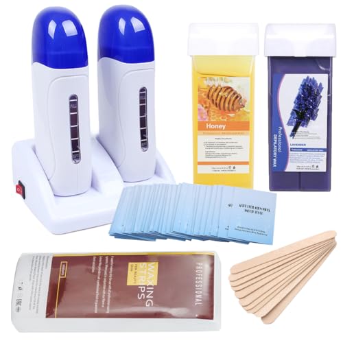 Double Depilatory Roll on Wax Heater Roller Warmer Cartridge Strips Hair Removal Kit with ON/OFF Switch (Honey & Lavender Wax & 200 Paper)