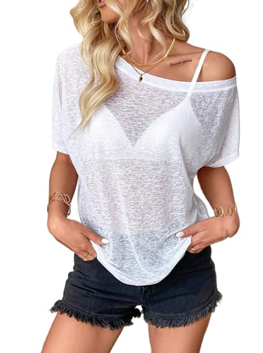 Hilinker Women's Sheer Mesh Short Sleeve Top Sexy See Through T Shirt Blouse Loose Fit Summer Small White