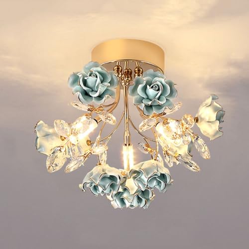Dimmable Modern Luxury Rose Crystal Ceiling Light - 3-Color Changing Porcelain Flower Lamp for Girls' Bedroom, Hallway, Living Room - G9 Base (Blue)