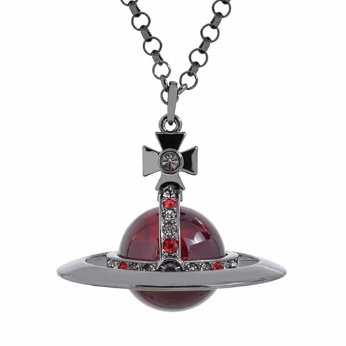 ZHAOZHAO Punk Crystal Quartz Black and Red Saturn Necklace for Women | Unique Punk Saturn Planet Pendant Jewelry Necklace