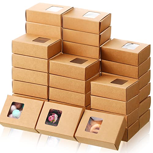 Outus 100 Pcs Soap Packaging Boxes with Window Mini Kraft Paper Boxes Bulk Homemade Soap Making Gift Accessories for Homemade Cookies Candy, 3.5 x 2.6 x 1.2 Inch(Brown)