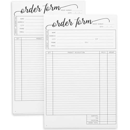 Juvale Set of 2 Work Order Forms with Carbon Copy, Invoice Book for Small Business Supplies, Black Scripted Design, 50 Receipts Per Pad for 50 Orders (5.5 x 8.5 Inches)