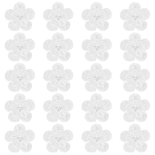 GORGECRAFT 20Pcs White Embroidery Flowers Sew On Patches 3D 2 Layers 5-Petal Lace Flower with Imitation Pearl Lace Embroidered Appliques for Wedding Bridal Dress Embellishment DIY Sewing Crafts