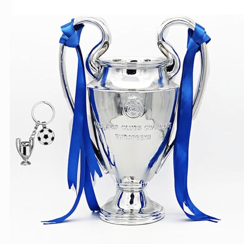 LNGODEHO European Champion Football Trophy, Resin St. Bernard League Replica Award Cup, Silver with Blue Ribbons for Sport Fan League Team (44cm/17 inches)