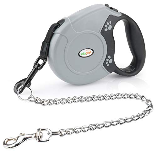Idepet Heavy Duty Retractable Dog Leash for Small and Medium Dogs, Anti-Chewing Steel Chain 360 Degree Tangle-Free,Break and Lock System,16ft Leash for Dog Walking (Grey, Flat Rope)
