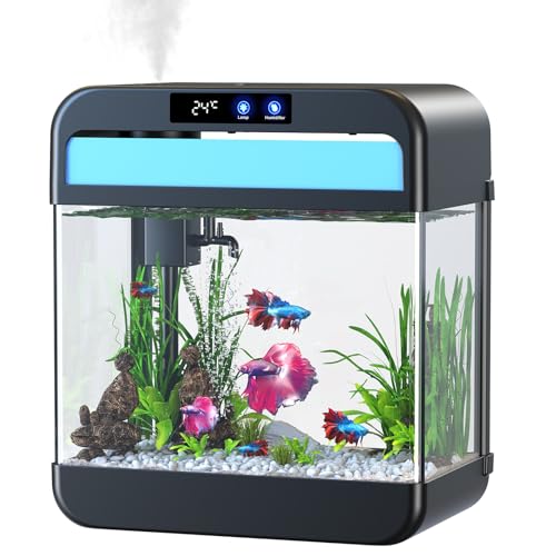 JPHYLL Fish Tank 2.2 Gallon Fish Bowl with Humidifier 7 Color Auto-Looping Light 3 in 1 Quiet Pump with Filteration & Oxygenation & Circulation, Temperature Display, HD Float Glass, Thickened Base