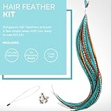 Hair Feathers Extensions Kit, Long Real Rooster Feathers for Hair with DIY Microlink Beads and Loop Tool, Western Turquoise Blue and Brown Naturals