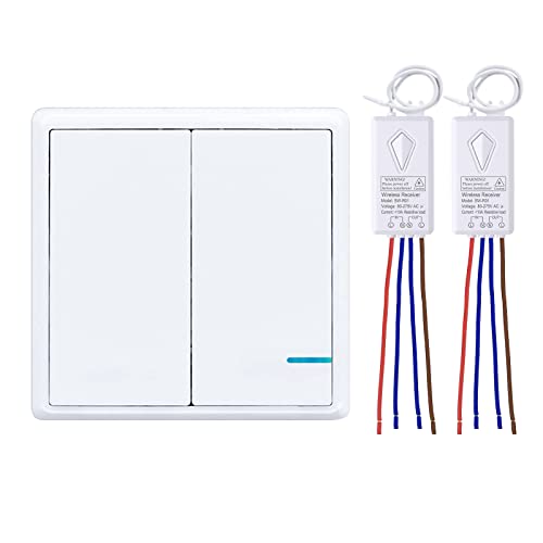Thinkbee Wireless Light Switch and Receiver Kit, Outdoor 1900ft Indoor 130ft, No Wires, Remote Control for Led Light Wireless Panel Switch, IP54 Waterproof (2 Switches 2 Receivers kit)