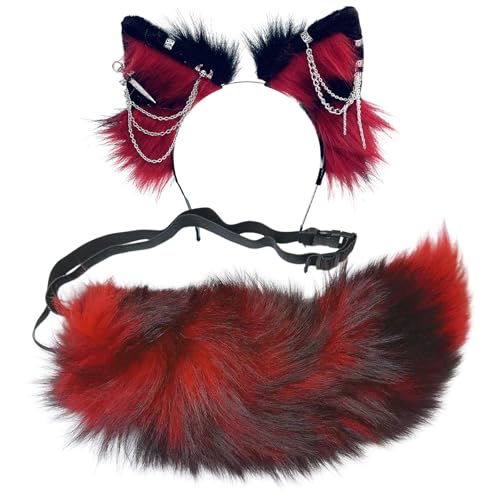 Ekwikzz Wolf Ears Tail Set Fox Wolf Headbands Clips Fluffy Cosplay Costumes, Gothic Punk Accessories for Halloween SI Sword RE BL