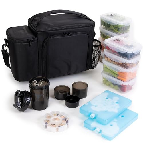 ThinkFit Large Black Meal Prep Lunch Bag, 8 Portion Control Containers, Pill Dispenser, Shaker Cup & 2 XL Reusable Ice Packs