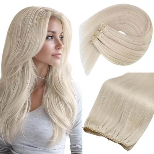 Sunny Hair Beaded Weft Hair Extensions Real Human Hair 24inch Micro Weft Extensions Human Hair Blonde Straight Micro Ring Wefts Hair Extension Remy Hair Platinum Blonde 50g
