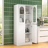 BOMETAO 71" Tall Kitchen Pantry Cabinet, Kitchen Storage Cabinet with Glass Doors and Adjustable Shelves, Wood Food Pantry Cabinet, Freestanding Cupboard for Kitchen, Dining Room, White