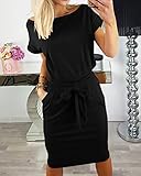 PRETTYGARDEN Women's Summer Short Sleeve Crewneck Striped Dress Basic Solid Tie Waist Office T Shirt Dresses Pockets Black Small