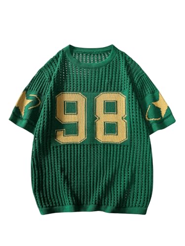 BEAUDRM Women's Y2K Jersey Shirts Oversized Number Crochet Hollow Out Jersey Tee Sweater Crew Neck Short Sleeve Knit T Shirts Green Large