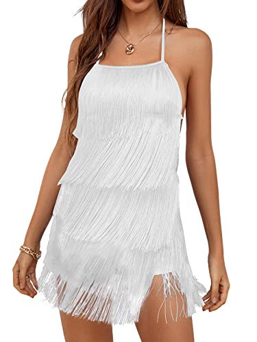 LYANER Women's Sexy Fringe Halter Waist Tie Back Sleeveless Romper Jumpsuit Playsuits Pure White X-Small