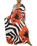 Bsubseach Women Floral Print Kaftan Dresses Plus Size Swimsuit Cover Up 2025 Summer Bathing Suit Caftan Loungewear Beach Dress Orange Flowers