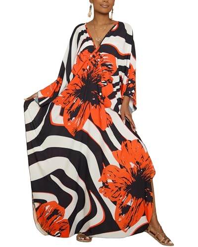 Bsubseach Women Floral Print Kaftan Dresses Plus Size Swimsuit Cover Up 2025 Summer Bathing Suit Caftan Loungewear Beach Dress Orange Flowers