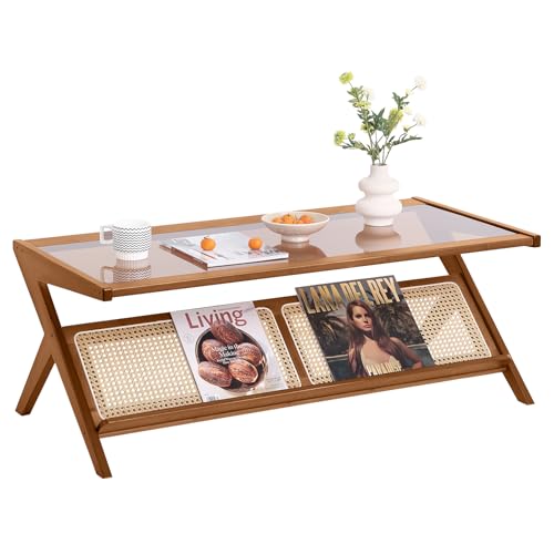 Tiita Rattan Coffee Table, Bamboo Accent Bedside Tables, Glass Nightstand Side Table, Boho Wooden End Table with Storage for Living Room,Living Room, Dining Room, Tea, Home Décor