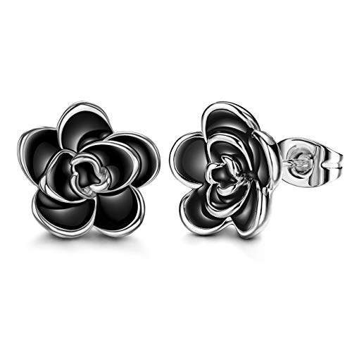 Flower Stud Earrings Hypoallergenic for Women - 18K Gold Plated Rose Earrings for Sensitive Ears, Nickel Free (W)