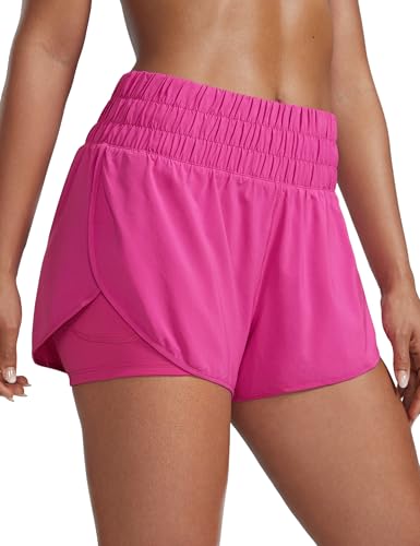 CRZ YOGA High Waisted Running Shorts for Women 3" - Split Breathable for Athletic Tennis Gym Workout with Pockets Hibiscus Purple Small