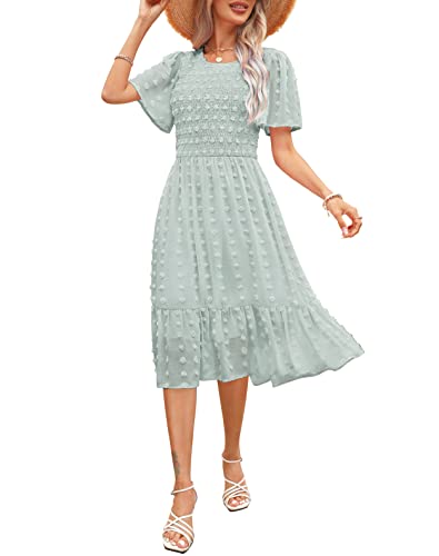 Women Summer Spring Beach Wedding Guest Dress Round Neck Flutter Short Sleeve Smocked Swiss Dot Ruffle Casual Swing Flowy A Line Midi Spring Dress Light Green L