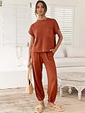 ANRABESS Women's Two Piece Outfits Knit Sweater Pullover Crop Top & Pants Lounge Matching Tracksuit Sweatsuit Sets 2024 Trendy Loungewear Clothes Rust X-Large