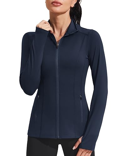 PINSPARK Women Full Zip Athletic Jackets Workout Gym Running Yoga Jacket Lightweight Track Tops with Thumb Holes Activewear