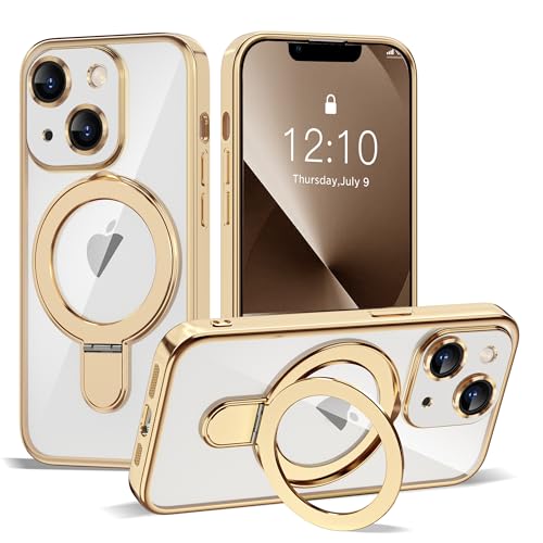 ETPESOK Compatible with iPhone 13 Case with Invisible Magnetic Ring Stand [Compatible with Mag-Safe] [Full Camera Lens Protector] Plating Clear Phone Case for iPhone 13 6.1", Gold