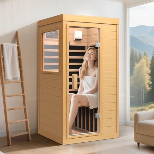 Far Infrared Sauna, Canadian Hemlock Wood Sauna Spa Room for Indoor,1062W 110V Low EMF Saunas with Control Panel and Integrated Speakers, Mini Home Sauna Room for One Person (Wood)