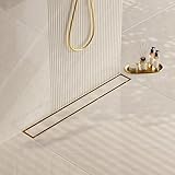 Neodrain 24-Inch Gold Linear Shower Drain, 2-in-1 Flat & Tile Insert Cover, Stainless Steel Linear Drain, Brushed Brass Rectangle Shower Floor Drain with Hair Strainer, Watermark&CUPC Certified