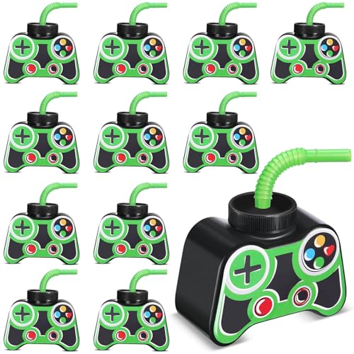 Mifoci 12 Pcs Plastic Video Gaming Cups with Straw and Lid 10oz Gamer Birthday Themed Drink Cups 7th Video Game Party Favors for Kids Toddlers Game Birthday Party (Green)
