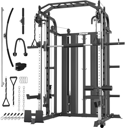 DONOW Smith Machine with Weight Stacks Power Cage Squat Rack Dual Cable Crossover Machine Home Gym Systems Station LAT Pull Down DN-DS938T 308lbs Steel Weights