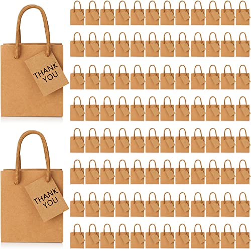 Sherr 100 Pack Mini Gift Bags Bulk, 4 x 2.75 x 4.5 Inches Paper Bags with Tags, Extra Small Paper Gift Boxes with Handles for Birthday, Party Favors, Weddings, Small Business(Brown)