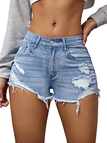 Verdusa Women's Ripped Distressed Skinny Denim Shorts Light Blue L