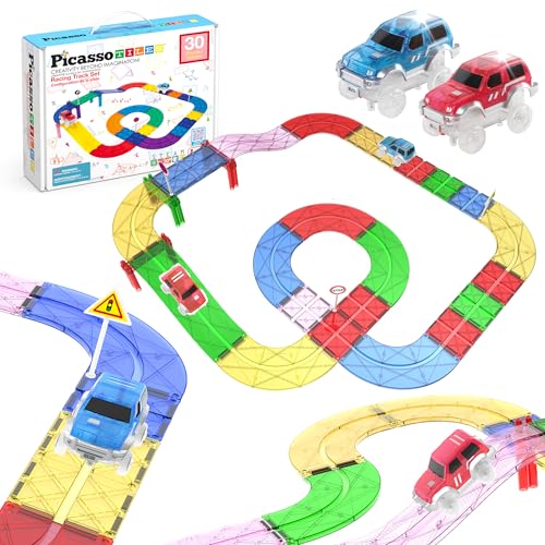 PicassoTiles Magnetic Tiles Race Track Car Thrilling Toy Playset Includes 2 Racing Trucks STEM Educational Magnet Tile Building Block Construction Set for Toddlers Boys Girls Ages 3 and Older PTR30