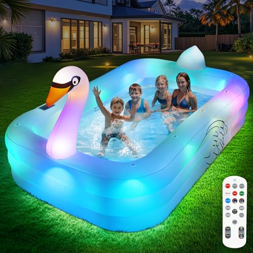Inflatable Pool with Lights,Solar Swan Inflatable Swimming Pool for Kids,Adults,Large Inflatable Pool for Adults Blow up Pool,Oversized 100"x63"x22"Family Inflatable Kids Pool for Backyard-White