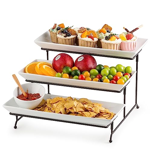 Gomakren 3 Tier Serving Stand 14 Inches Serving Platters Rectangular Large Serving Plates for Party Display Set Collapsible Sturdier Rack, Christmas Dishes Christmas Serving Trays and Platters