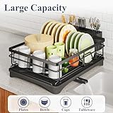 Dish Drying Rack - Stainless Steel Dish Rack for Kitchen Counter, Large-Capacity Dish Drainer with Cutlery Holder, Kitchen Organizer for Dishes, Spoons and Forks, Black