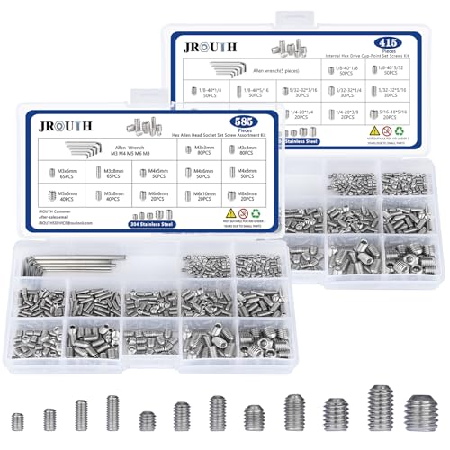 JROUTH 1000pcs Metric + SAE Set Screw Assortment Kit, Internal Hex Drive Cup-Point Allen Screws Set 304 Stainless Steel Grub Screw (M3-M8, 1/8""-40 to 5/16""-18)