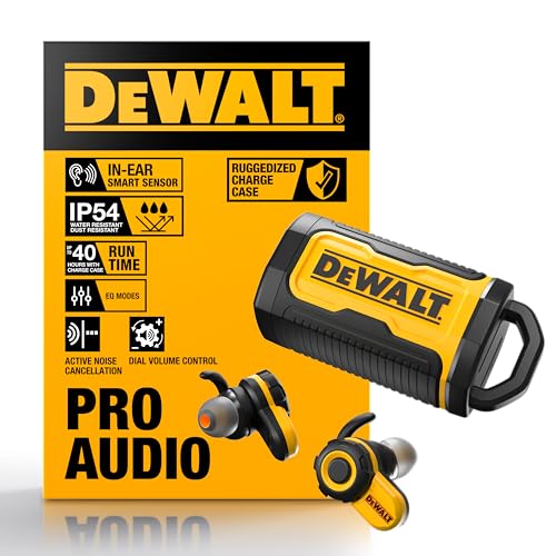 DEWALT Heavy Duty Bluetooth Jobsite Pro X2 ANC True Wireless Earbuds, Active Noise Cancelling Work Earbuds, Turn Dial Controls, 10Hr Runtime (40+ w/Case), 4 EQ Modes, IP54