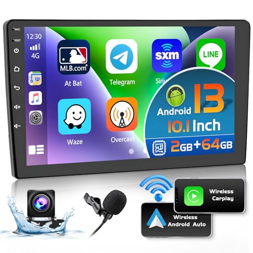 Hikity 2+64GB Double Din Android Car Stereo Wireless Apple Carplay Android Auto, 10.1 inch Touchscreen Car Radio GPS Navigation WiFi Backup Camera Bluetooth HiFi FM SWC Mic