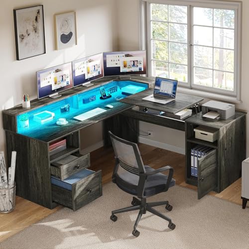 YITAHOME L Shaped Desk with Power Outlets & LED Lights, 60” Corner Computer Desk with Drawers & Lift Top, Home Office Desk with Monitor Stand & File Cabinet, Wood Height Adjustable Desk, Grey
