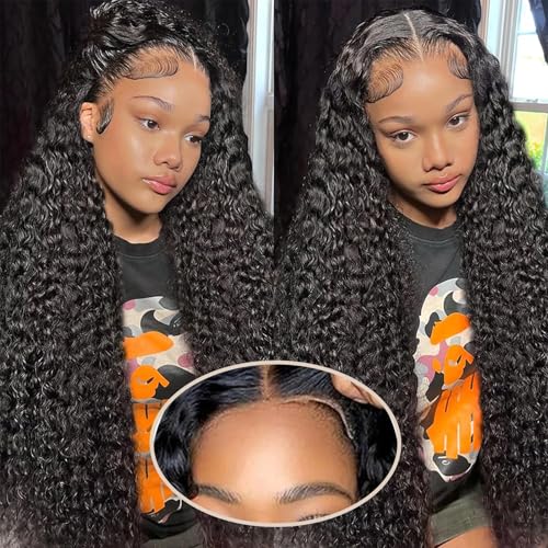 Wear and Go Glueless Wigs Human Hair Pre Plucked Pre Cut 5x5 HD Closure Wigs Human Hair Deep Wave Lace Front Wigs for Black Women 210% Dentisy 12A Deep Curly Glueless Wig Bleached Knots (28 Inch)