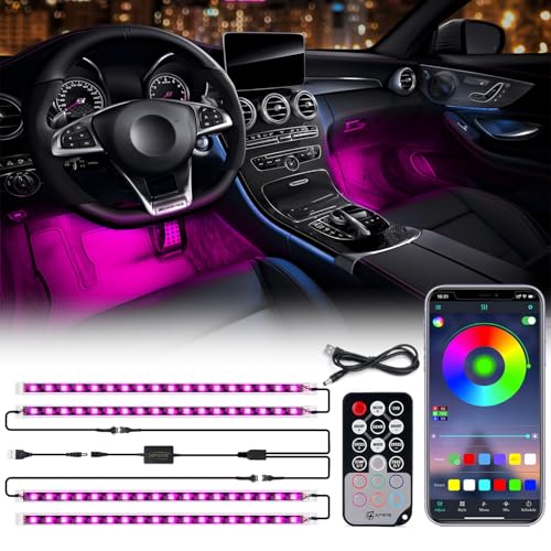 Xprite RGB LED Car Interior Bluetooth USB Light Strip, w/Wireless Remote and APP Control,4 PCS Under Dash Footwell Ambient Lights Kits, DIY Music Mode Universal for Vehicle Internal, SUV, Trucks