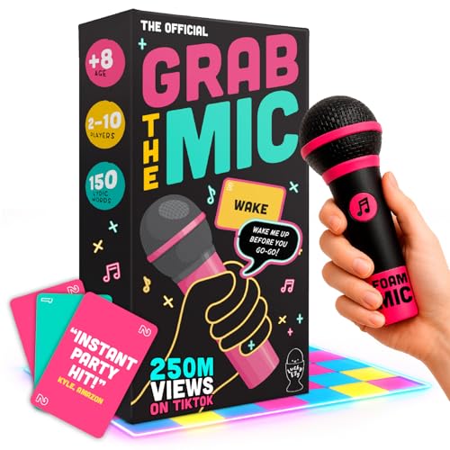Lucky Egg Official Grab The Mic – Family Karaoke Board Game, 8+ Year Olds, 2-10 Players - Games for Bad Singers with 250 Lyrics (125 Cards) for Hilarious Game Nights & Birthday Party, Kids Gift