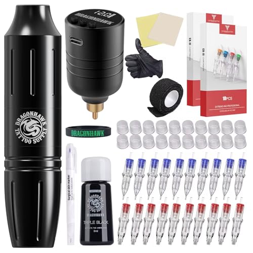 Dragonhawk Tattoo Gun Kit Wireless Tattoo Machine Beginner Tattoo Kit Complete Tattoo Pen Kit Pro Cartridges Tattoo Supplies W085D